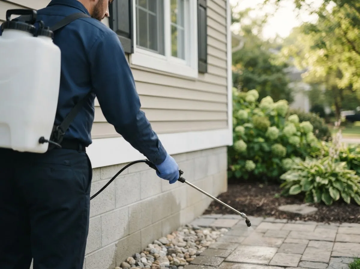 Pest control technician inspecting a home in Alpine, NY